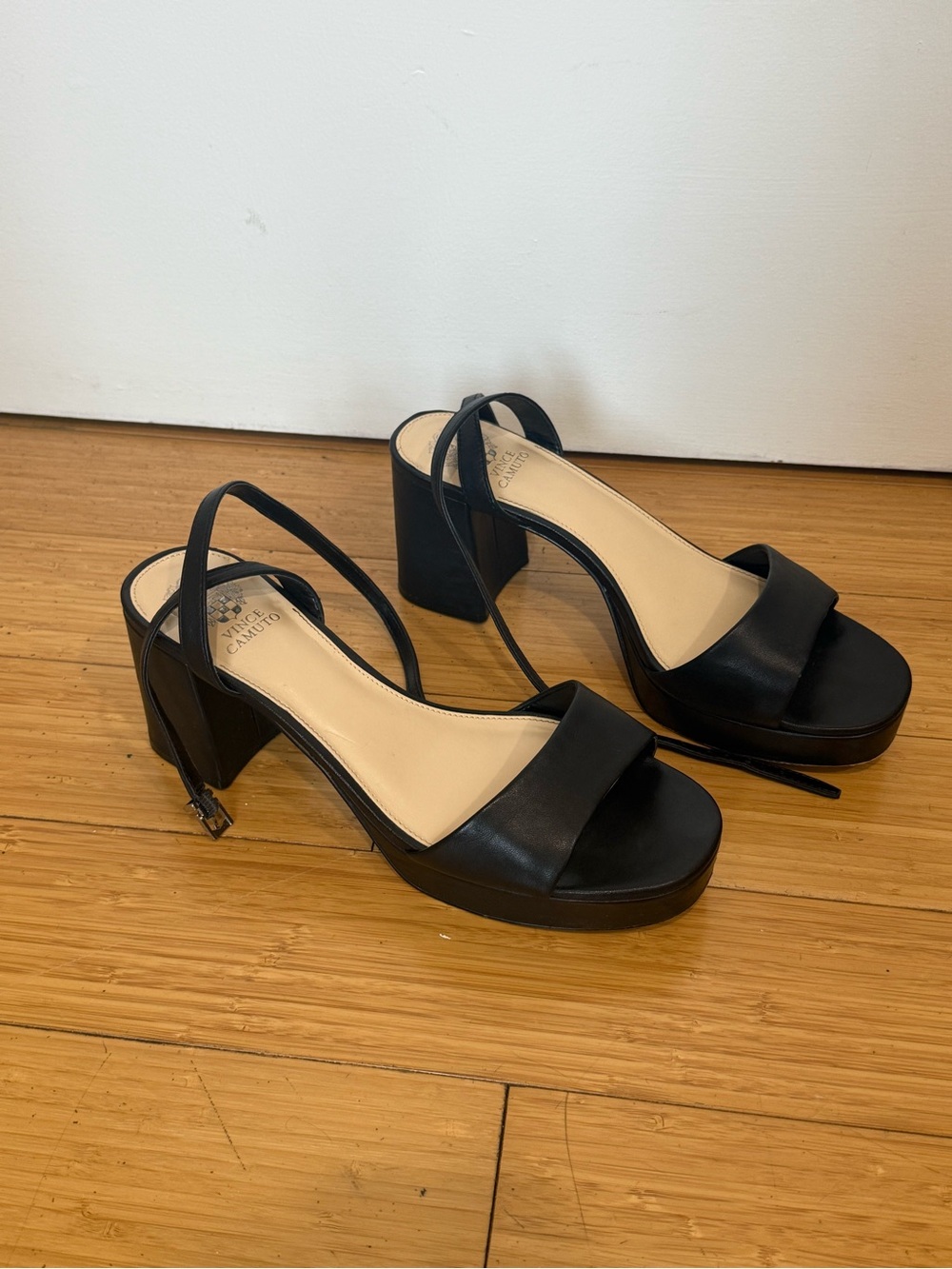 Vince Camuto Black Leather Platform Block Heel Sandals
